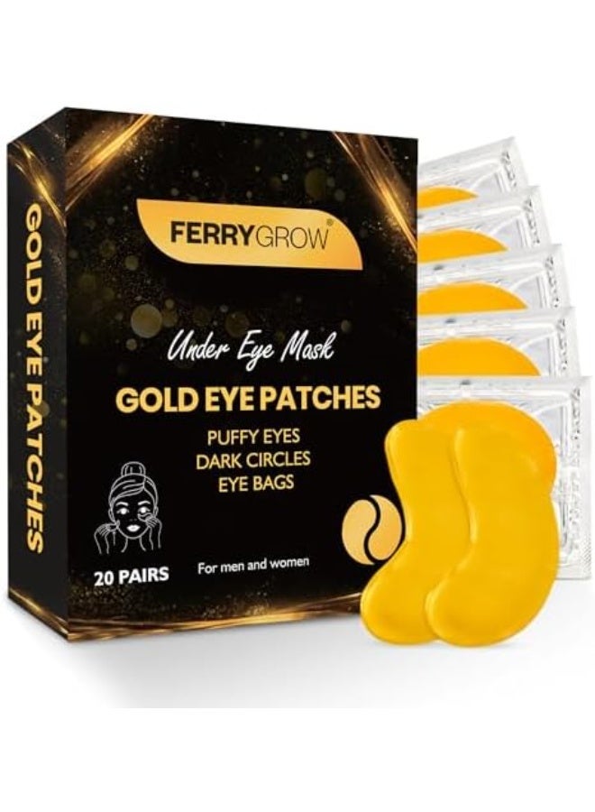 FERRYGROW Gold Under Eye Patches – Hydrogel Eye Mask for Dark Circles, Puffy Eyes & Eye Bags, Moisturizing Under Eye Treatment for Men & Women, 20 Pairs - Image 1